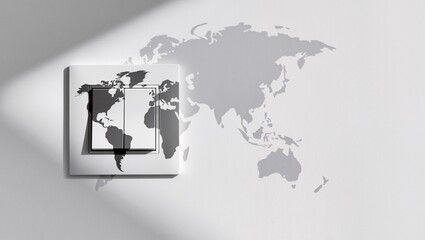 Wall switch with world map design, showcasing a modern aesthetic, illuminated by soft light, creating a stylish and contemporary interior atmosphere with minimalistic appeal