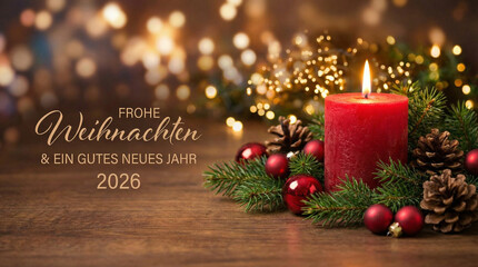 Christmas greeting card with German text Frohe Weihnachten und ein gutes neues Jahr 2026 - Advent Candle with beautiful bokeh lights