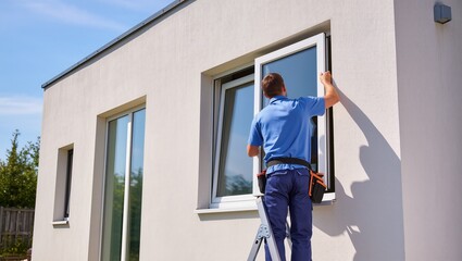 Male technician in blue shirt is installing a window on a modern house exterior, using a ladder, showcasing home improvement and maintenance skills with bright sunlight
