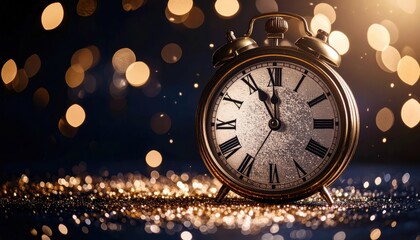 Stunning antique alarm clock striking midnight signaling new year celebration amidst glittering golden bokeh lights