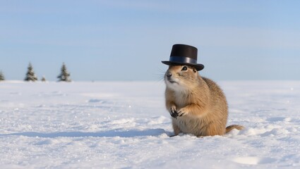 Adorable small mammal wearing a miniature top hat stands on a snowy landscape, surrounded by evergreen trees, showcasing a whimsical winter scene with charm and character