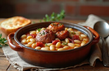 Hearty french cassoulet dish with white beans, duck confit, and sausage. Rich stew served in rustic earthenware pot. Savory meat and bean combination.