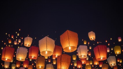 Colorful paper lanterns floating in the night sky, illuminating the darkness with warm light, creating a magical atmosphere during a festive celebration or cultural event