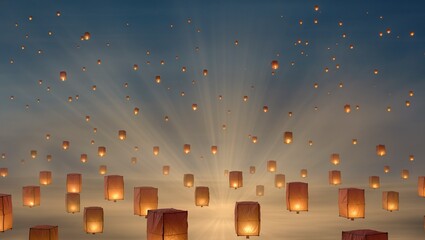 Floating lanterns illuminate the night sky, creating a magical atmosphere with warm glows and soft clouds, symbolizing hope and celebration during festive occasions