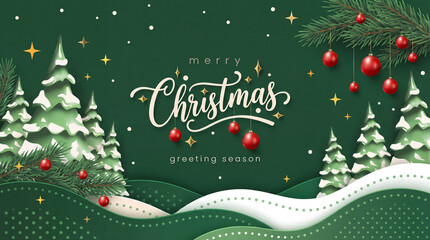 Horizontal green Merry Christmas and Happy New Year greeting card header banner in paper art style with snowy winter landscape snow covered trees for holiday message and festive background