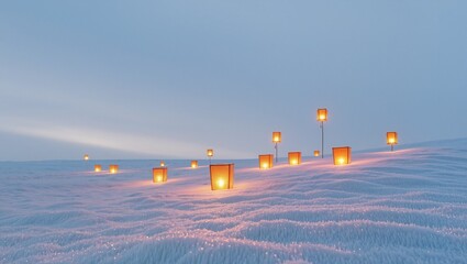 Softly glowing lanterns illuminate a serene snowy landscape, creating a tranquil atmosphere with gentle undulating snowdrifts and a peaceful twilight sky, evoking a sense of calm and wonder