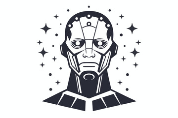 Detailed black and white drawing shows human robot head with light streaks around it