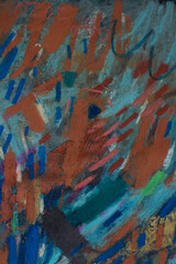 Abstract expressionist composition with bright pastel strokes, vivid blue and green accents, dynamic marks and textured surface for posters, banners and modern artistic backgrounds.