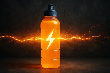 Isotonic energy fitness drink. Bright orange beverage container featuring a lightning bolt, set against a dark backdrop, symbolizing energy and vitality for athletes and fitness enthusiasts