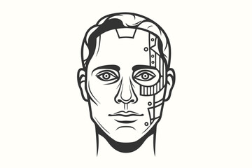 Robotic human face with geometric design displays a unique aesthetic surrounded by stars