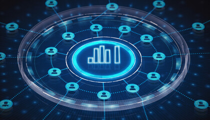 Digital Network: A futuristic digital network illustration showcasing the interconnectedness of information and data streams. Featuring vibrant blue hues and a central data hub.