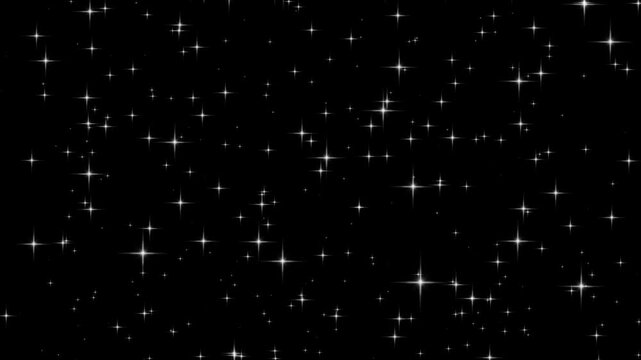 White glowing stars sparkle blinking retro vector dots twinkling starry night sky looping animation doodle glitter trail magic dust shimmer particle on black background	