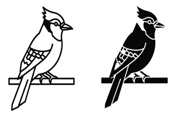 Blue Jay Silhouette and Outline on White Background