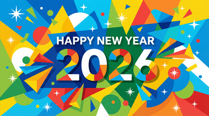Colorful happy new year 2026 celebration with geometric background