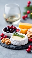 Festive Holiday Cheese Board with Brie, Cranberries, and Wine