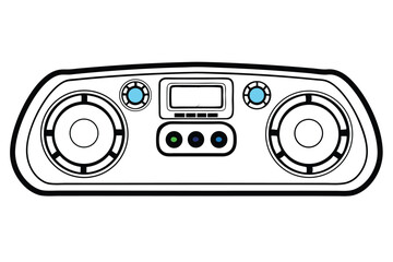 Cartoon boombox audio system features dual speakers, screen, and various colorful buttons