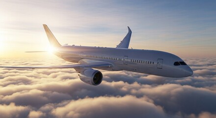 Fototapeta premium Airplane flying above clouds at sunrise commercial aviation