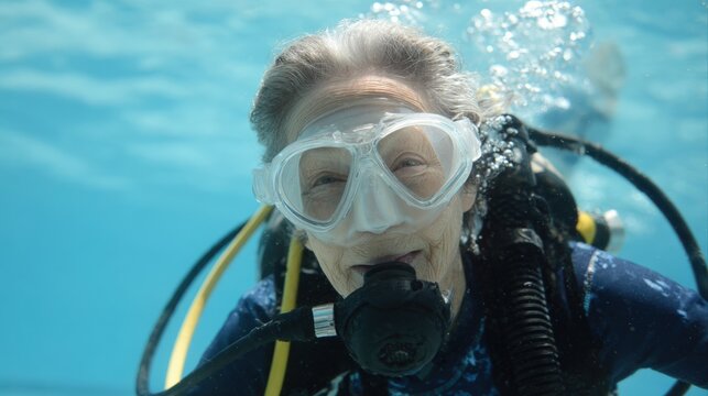 Elderly woman scuba diving in the ocean. she is wearing a blue wetsuit and a pair of white goggles with clear lenses. - Powered by Adobe