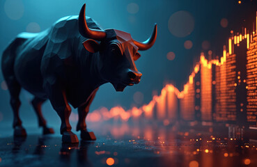 Bull silhouette stands before rising stock market chart with glowing digital data streams. Represents financial growth, investment success, and economic uptrend. Symbolizes profit, power in business.
