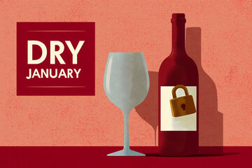 Dry january text illustration, red wine bottle, small golden padlock on the label, glass of wine symbolizing an alcohol free challenge and personal commitment to sobriety.