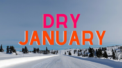 Dry january concept text in hot pink and orange over a snowy winter ski slope, sobriety awareness, alcohol free clean start and fresh resolution.