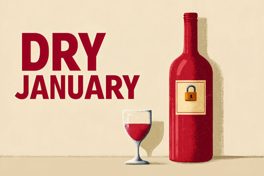 Dry january illustration with wine bottle locked by a gold padlock and text no to alcohol symbolizing new year resolution for sobriety and abstinence. - Powered by Adobe
