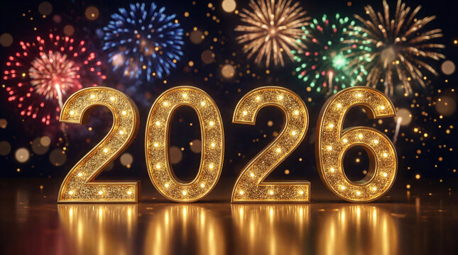 A scene featuring the year 2026 in bold, golden 3D letters with a sparkling, reflective surface. Happy New Year, Happy New Year 2026, Merry Christmas And Happy New Year - Powered by Adobe