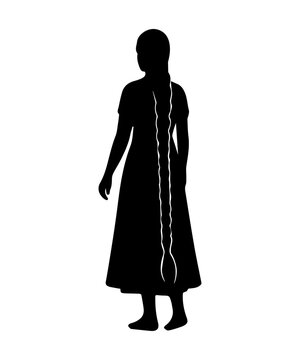 Woman's silhouette standing, showing long braided hair, white background