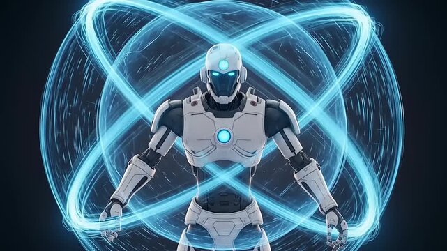 Futuristic Robot with Glowing Blue Energy Field and Atomic Orbitals.