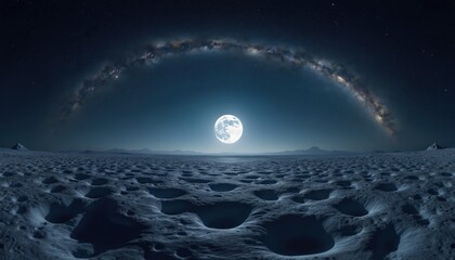 Full moon shines brightly over desolate, cratered lunar landscape at night. Milky Way galaxy arcs majestically across dark sky above distant mountains. Cosmic scene shows otherworldly planet surface
