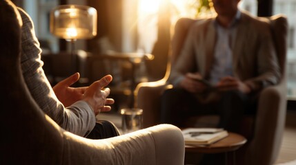 Two professionals converse in sunlit lounge: one gestures while the other holds notebook, with warm light and cozy decor. Represents business meeting, consultation, collaboration
