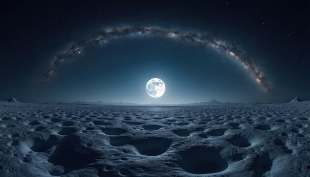 Full moon shines brightly over desolate, cratered lunar landscape at night. Milky Way galaxy arcs majestically across dark sky above distant mountains. Cosmic scene shows otherworldly planet surface - Powered by Adobe