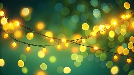 warm yellow fairy lights blurred into soft bokeh, dark green holiday background, cozy festive glow, depth of field effect, subtle vignette edges, clean center for text or layout
