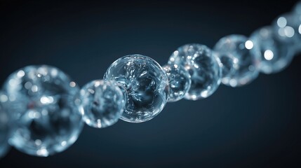 Linked transparent glass spheres form a glowing chain against dark background, showcasing sleek reflections and futuristic structure. Represents science, technology, connection