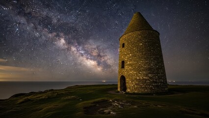 Ancient stone tower on rugged coastal cliffside under the spectacular milky way galaxy and starry night sky