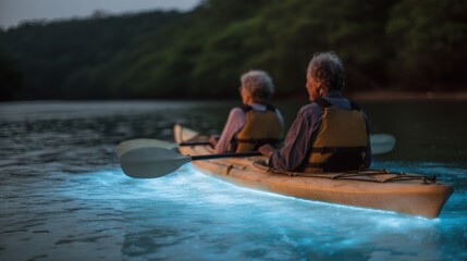 Elderly couple kayaking on a calm lake at dusk. the couple is sitting in a wooden kayak, paddling with their paddles.
