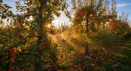 Golden hour sunbeams through an apple orchard at sunset.