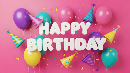 Festive happy birthday message surrounded by colorful balloons and party hats on a pink background