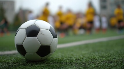 Black and white soccer ball rests on green grass field, with blurred team players in yellow jerseys in background. Represents soccer sport, game, youth team, and outdoor athletic activity concept.