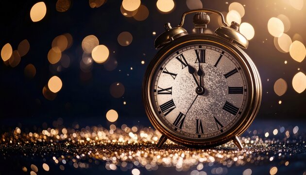 Stunning antique alarm clock striking midnight signaling new year celebration amidst glittering golden bokeh lights - Powered by Adobe