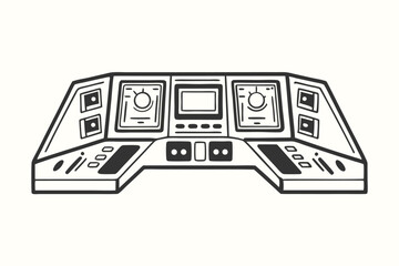 The spacecraft's console features screens, knobs, and buttons presented in a simple black and white style