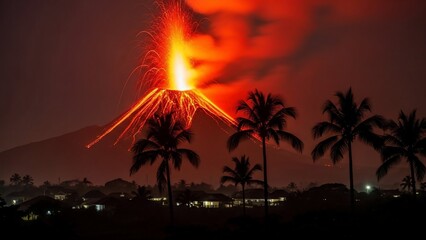 A dramatic volcanic eruption illuminates the night sky above a tropical village with fiery lava