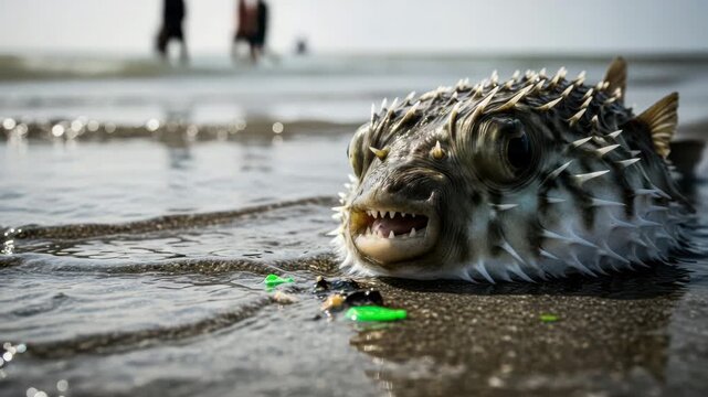 Spiked pufferfish with open mouth stranded on sandy beach by ocean