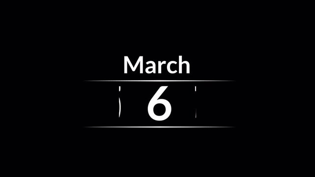  March full Month calendar animation on a transparent background. March month calendar animation, 31 days Calendar animation of March with alpha channel in 4k.