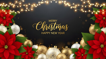 Festive merry christmas and happy new year greeting with red poinsettias and golden ornaments