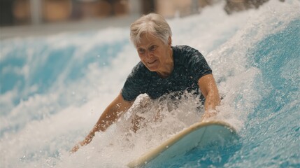 Elderly woman surfing on a wave in a pool. she is wearing a black t-shirt and is riding a blue surfboard. the woman has white hair and is smiling as she rides the wave.