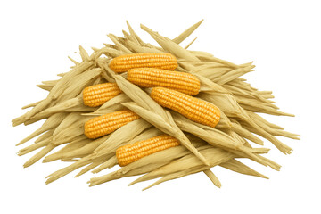 Dried corn cobs resting on a pile of husks, showing a harvest of an agricultural crop with transparent background