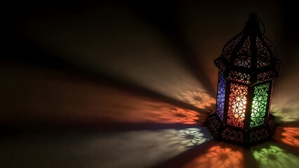 Ornate metal lantern casting multicolored light rays and intricate patterns onto a dark wall