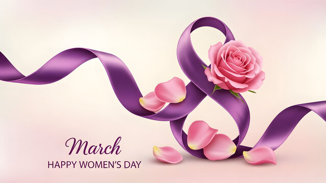 Elegant purple ribbon forming number eight adorned with pink rose and petals for international women s day - Powered by Adobe