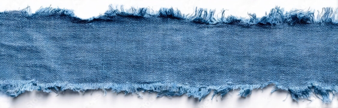 blue denim fabric with fringe on white background close-up,